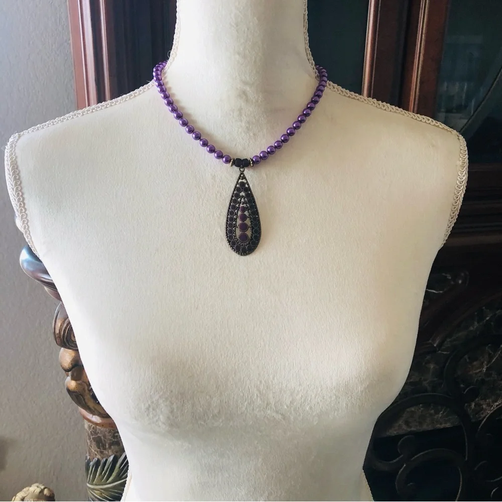 Handcrafted repurpose purple enamel raindrop pendant Czech glass Pearl necklace